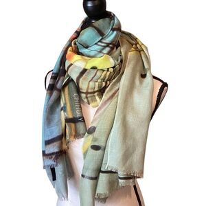 Chihuly Abstract Art Scarf Shawl Blue Brown Silk Cashmere Museum Wearable Art